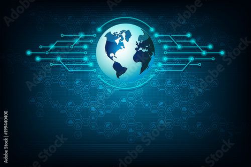 Blue design with a globe silhouette and internet symbols.
