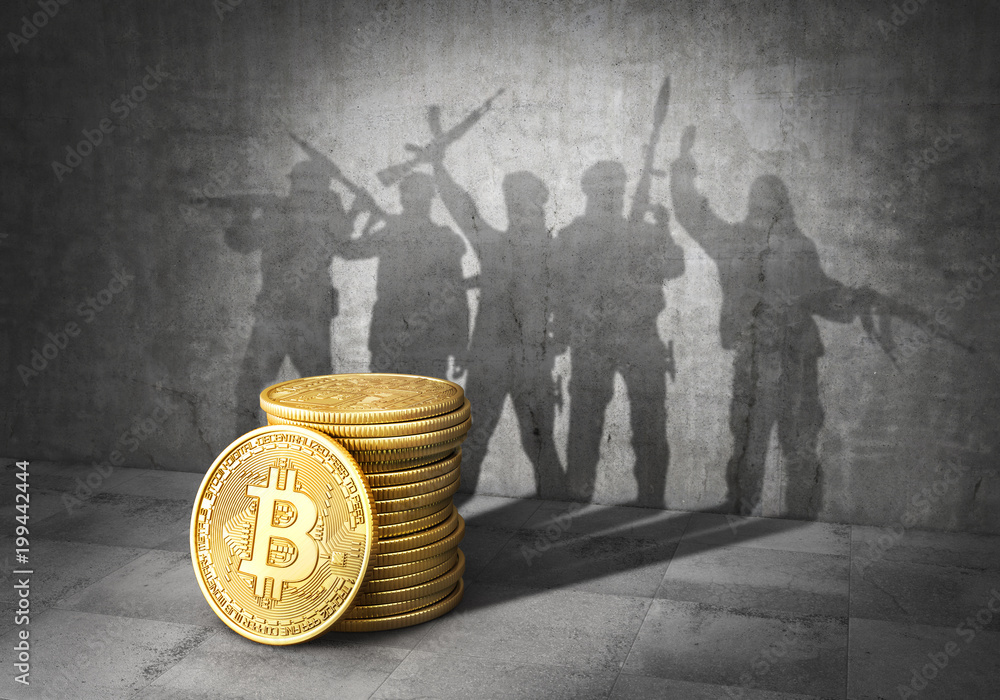 Terrorism concept. Efinancing of terror. Stack of bitcoin cast shadow