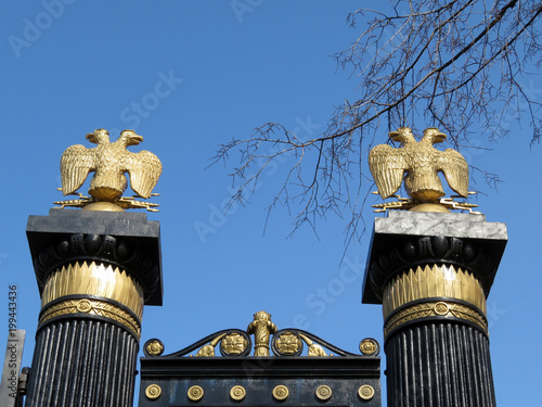 Russian imperial eagles on the gates of the Alexander garden in Moscow. Symbol of Russian power