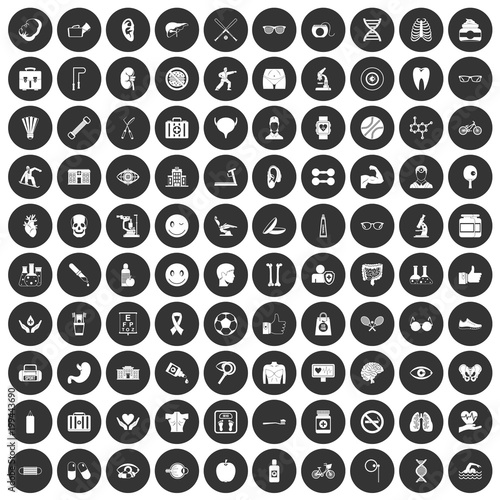 100 health icons set black circle