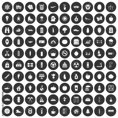 100 healthy lifestyle icons set black circle