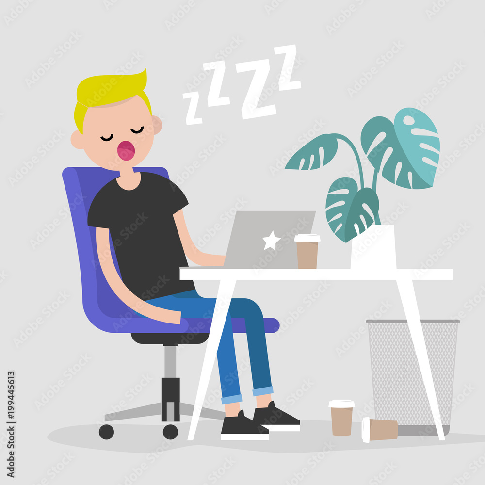 Fototapeta premium Young exhausted employee sleeping on a workplace. Nap. Office. Flat editable vector illustration, clip art