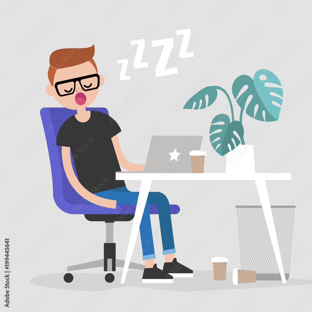 Young exhausted employee sleeping on a workplace. Nap. Office. Flat editable vector illustration, clip art Young exhausted employee sleeping on a workplace. Nap. Office. Flat editable vector illustration, clip art