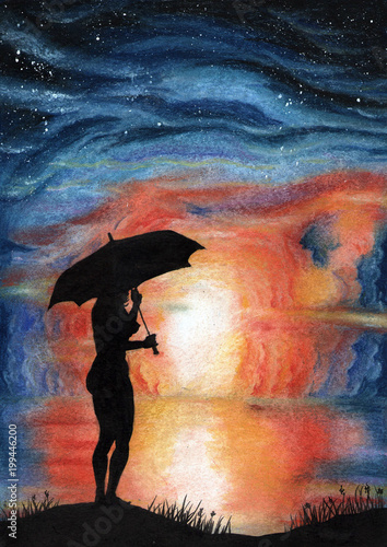 Pastel drawing of a female silhouette against a fantastic landscape