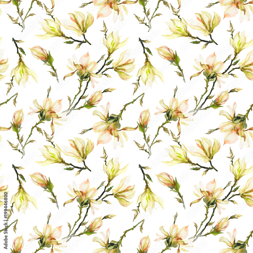 Obraz premium Seamless pattern made of yellow magnolia flowers on a branch on white background. Watercolor painting. Hand painted.