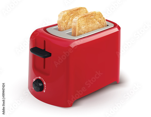 Red toaster with toasted bread for breakfast inside. isolated on White. Realistic vector 3d illustration.