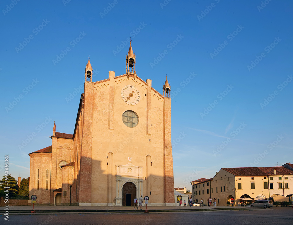 Montagnana, Italy - August 25, 2017: Cathedral of Piazza Vittorio Emanuele 2.