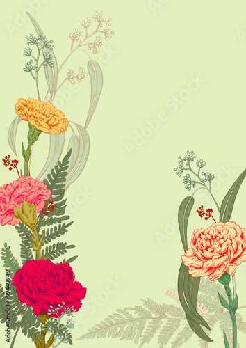 Vertical frame, template for invitation to rustic party. Carnation: red, pink...