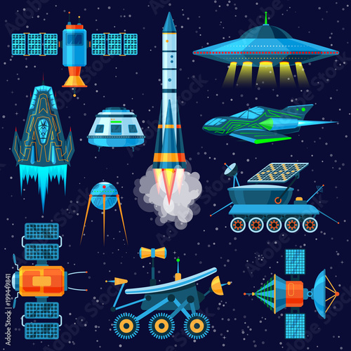 Rocket vector spaceship or spacecraft and satellite or lunar-rover illustration set of spaced ship in universe space isolated on background