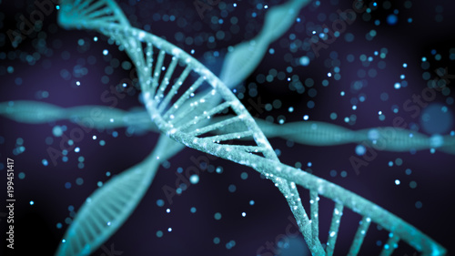 human dna with glowing particles 3d illustration