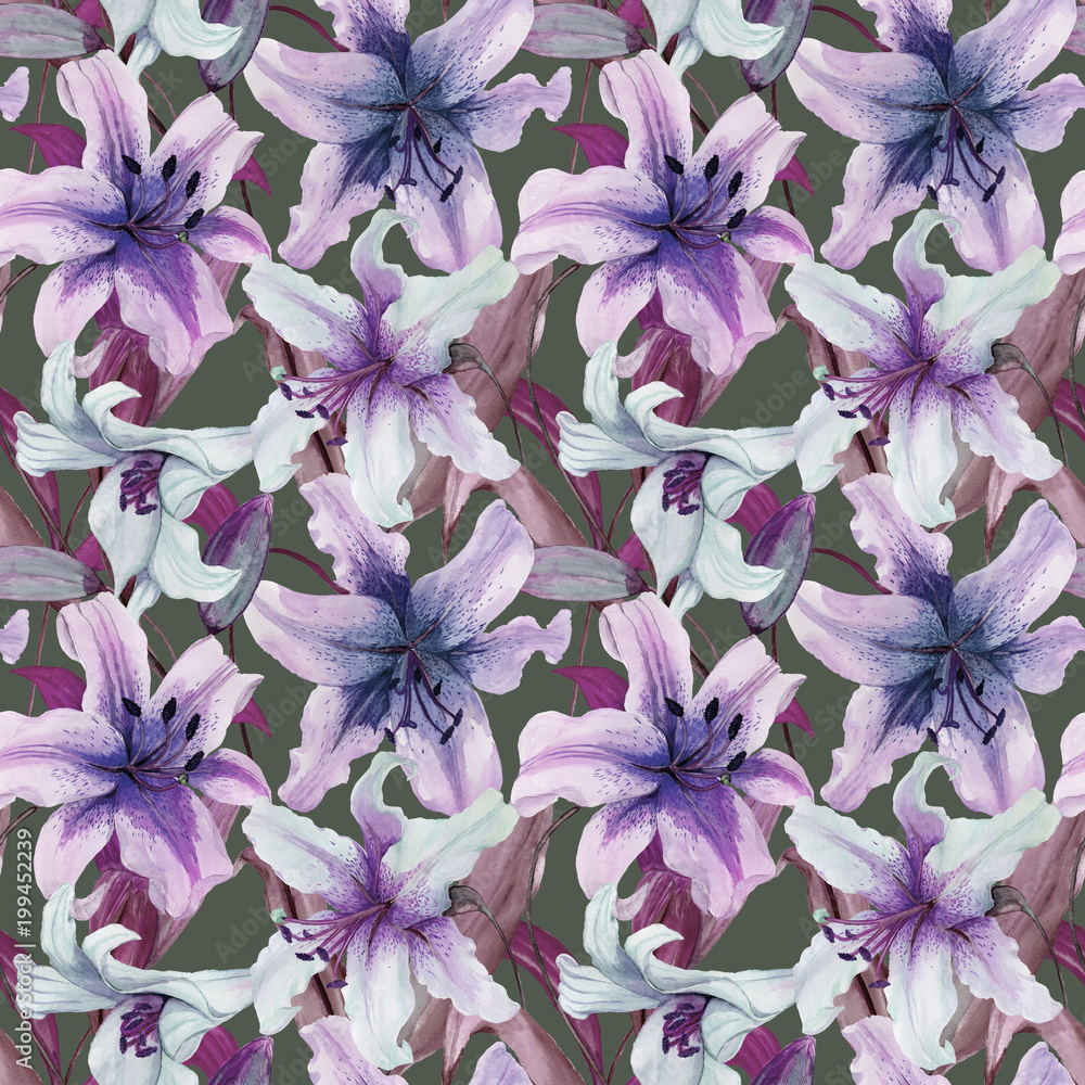 Beautiful lily flowers with leaves on gray background. Tints of purple, blue, lilac. Seamless floral pattern. Watercolor painting. Hand painted illustration. Beautiful lily flowers with leaves on gray background. Tints of purple, blue, lilac. Seamless floral pattern. Watercolor painting. Hand painted illustration.
