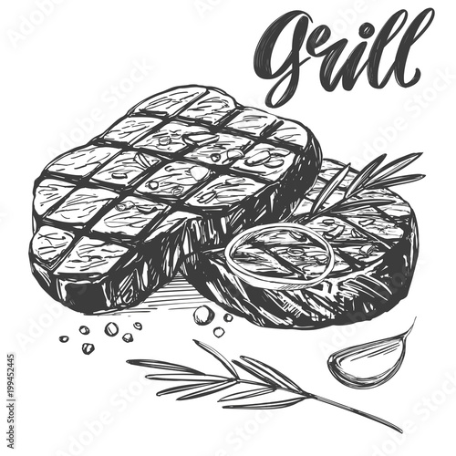 food meat, steak, roast set, calligraphic text, hand drawn vector illustration realistic sketch