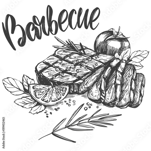 food meat, steak, roast set, calligraphic text, hand drawn vector illustration realistic sketch