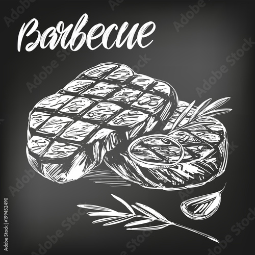 food meat, steak, roast set, calligraphic text, hand drawn vector illustration realistic sketch, , drawn in chalk on a black board