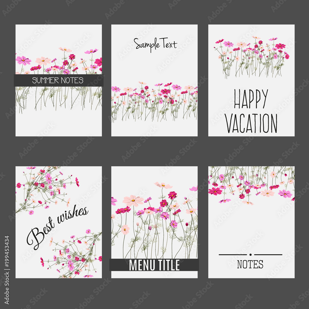 Vector set of invitation cards with wild summer field flowers elements and calligraphic letters. Suitable for wedding collection, summer sale design projects