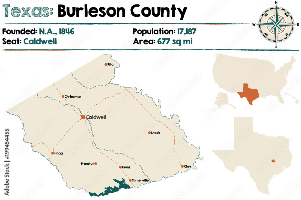 Detailed map of Burleson county in Texas, USA