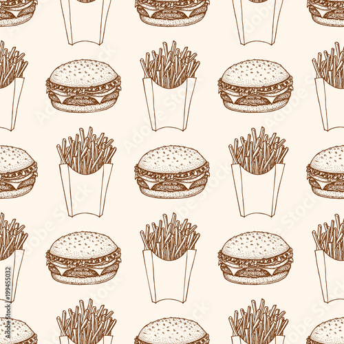 Seamless pattern with burger and french fries. Illustration of fast food