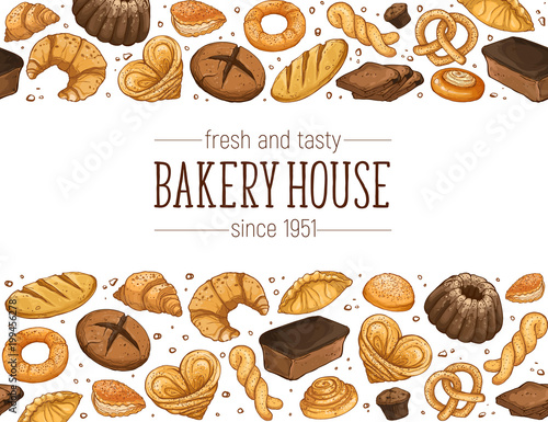 Bakery House. Horizontal border composition from hand drawn bread. Vector illustration for bakery shops isolated on white background. Fresh bread poster concept.