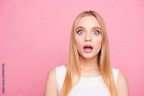 Black Friday concept! Close up portrait of charming crazy mad astonished amazed excited cheerful joyful with big gray eyes plump natural lips with pink pomade on them isolated on pink background