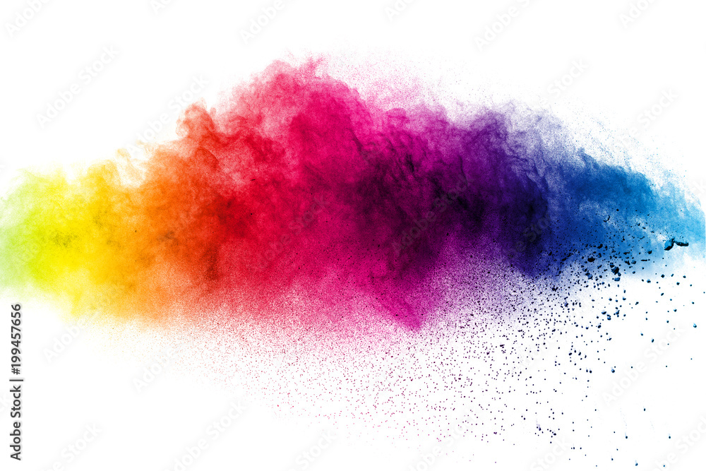 Abstract multi color powder explosion on white background.  Freeze motion of  dust  particles splashing. Painted Holi in festival