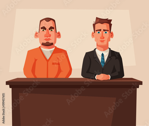 Serious lawyer sits by the table in courthouse with defendant. Cartoon vector illustration. Character design.