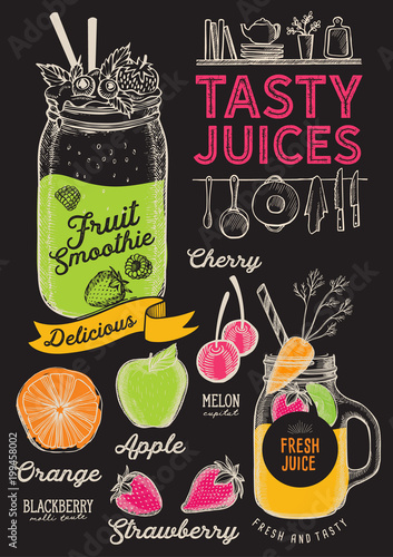 Juice and smoothie restaurant menu. Vector drink flyer for bar and cafe. Design template with hand-drawn fruit illustrations.