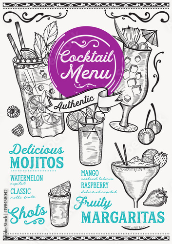 Cocktail bar menu. Vector drinks flyer for restaurant and cafe. Design template with vintage hand-drawn illustrations.