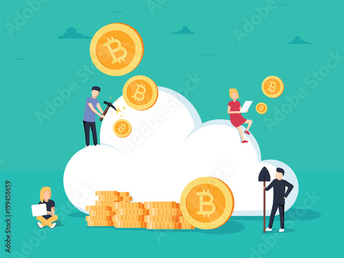 Cryptocurrency cloud mining. Flat design style web banner of blockchain technology, bitcoin and altcoins,