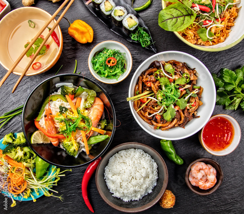 Asian food variation with many kinds of meals. Top view