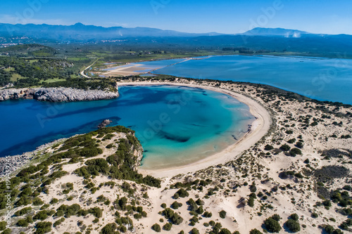 Panoramic aerial view of voidokilia beach, one of the best beaches in mediterranean Europe, beautiful lagoon of Voidokilia from a high point of view, Messinia, Greece