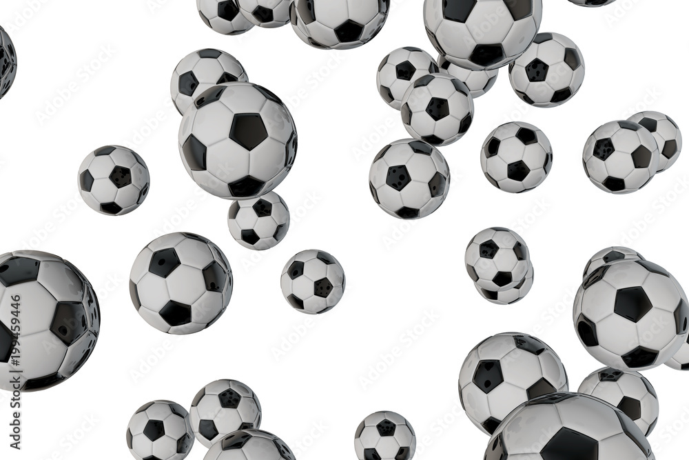 Fototapeta premium Falling football soccer balls on a plain white background. 3D Rendering