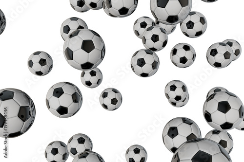 Falling football soccer balls on a plain white background. 3D Rendering