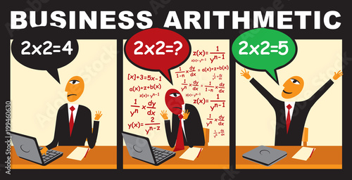 Vector comic with a businessman who solves a complex arithmetic problem. Unconventional thinking