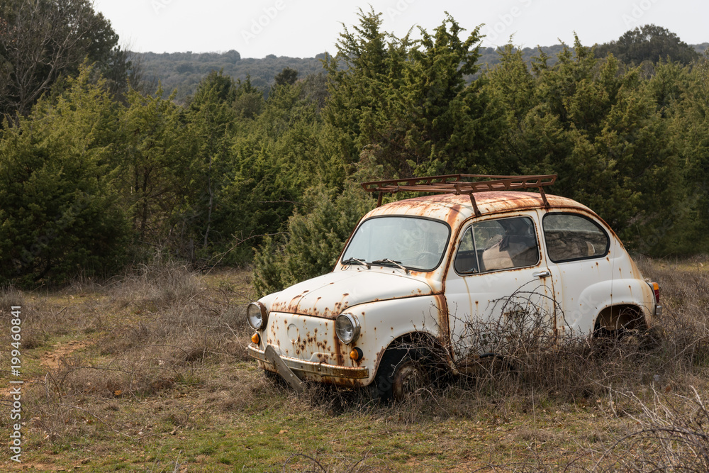 A old rusty car wreck standing in a garden A old rusty car wreck standing in a garden