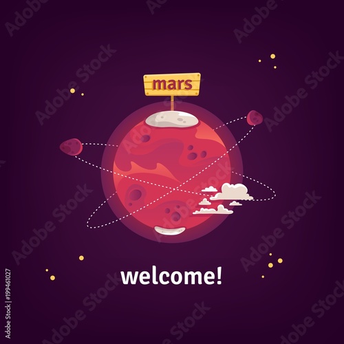 Flat vector illustration of funny cartoon planet Mars with Phobos and Deimos in space. Concept of conquest of Mars