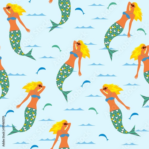 Seamless  background with mermaids. Template for fabric, wrapping paper, backgrounds