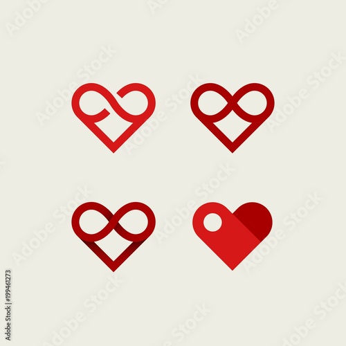 Vector set of infinite heart logos. Outline, flat and gradient logotypes