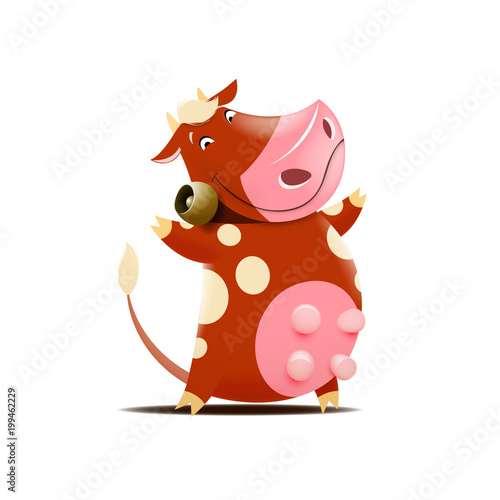 Vector illustration of funny brown cow with bell isolated on white background
