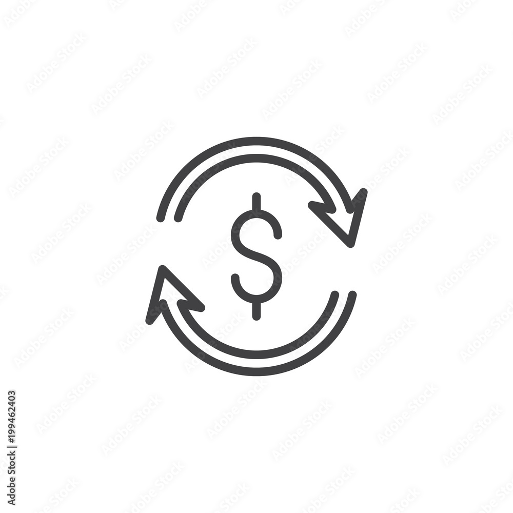 Dollar money exchange outline icon. linear style sign for mobile concept and web design. Dollar update arrows vector icon simple line vector icon. Symbol, logo illustration. Vector graphics Dollar money exchange outline icon. linear style sign for mobile concept and web design. Dollar update arrows vector icon simple line vector icon. Symbol, logo illustration. Vector graphics