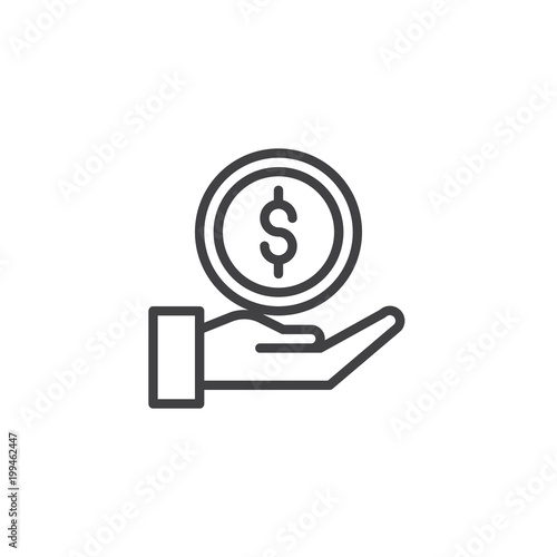 Hand money give outline icon. linear style sign for mobile concept and web design. Dollar coin in hand simple line vector icon. Donations symbol, logo illustration. Pixel perfect vector graphics