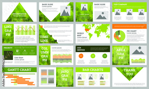 Business presentation design template. Green ecology theme slides. Polygonal geometric design.
