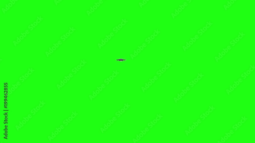 UFO - Flying saucer flying over camera into the distance - over green screen - rotating metallic with blue lights UFO - Flying saucer flying over camera into the distance - over green screen - rotating metallic with blue lights