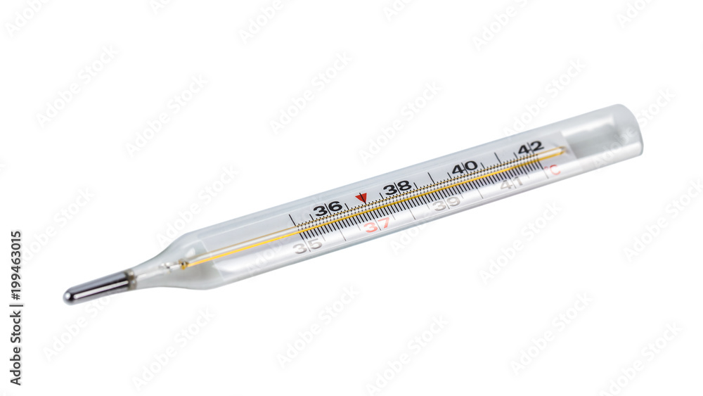 A glass thermometer for measuring the temperature of the human body, white background A glass thermometer for measuring the temperature of the human body, white background
