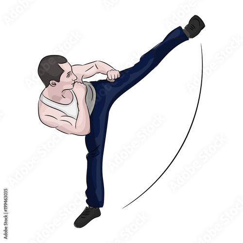Silhouette of a karateka doing standing side kick .