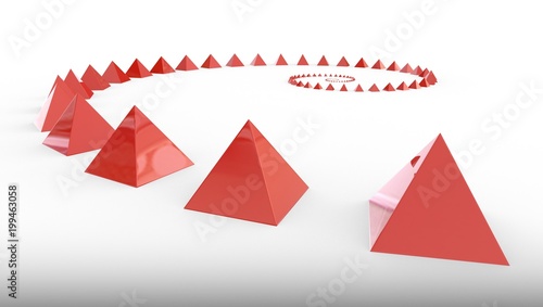 Many red pyramids in spriral form, 3d rendering photo