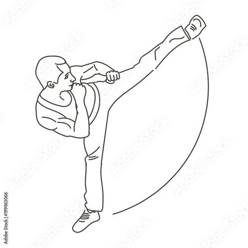 Silhouette of a karateka doing standing side kick .