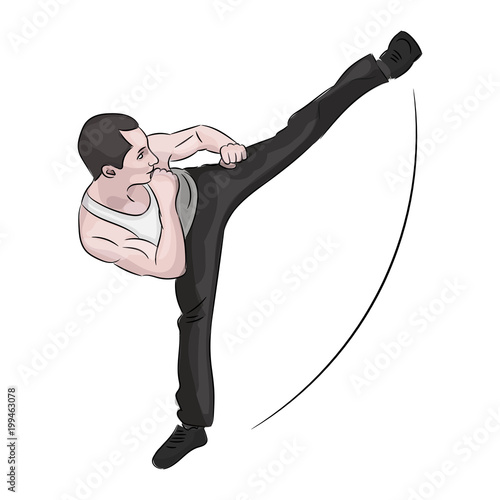 Silhouette of a karateka doing standing side kick .