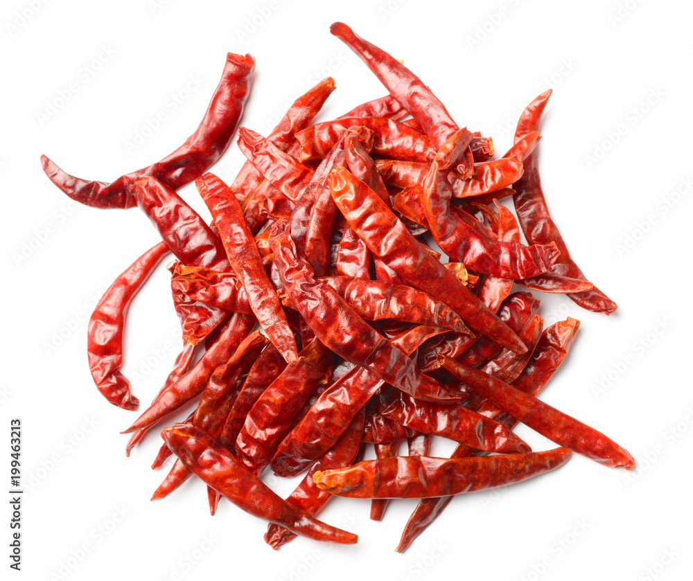 dried red chillies isolated on white, top view