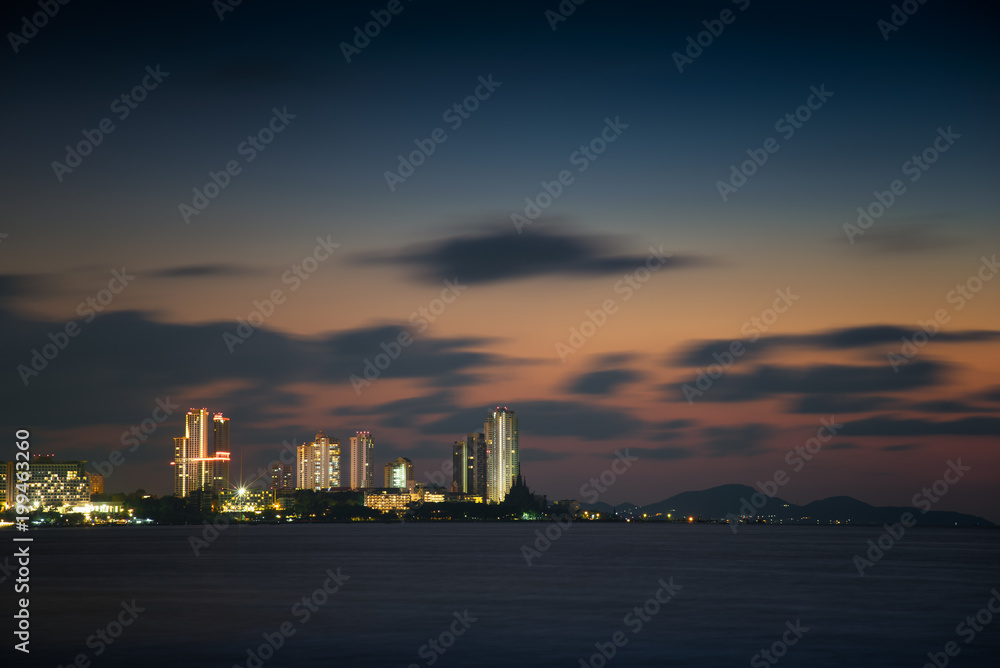 Pattaya City beach and Sea in Twilight, Thailand.