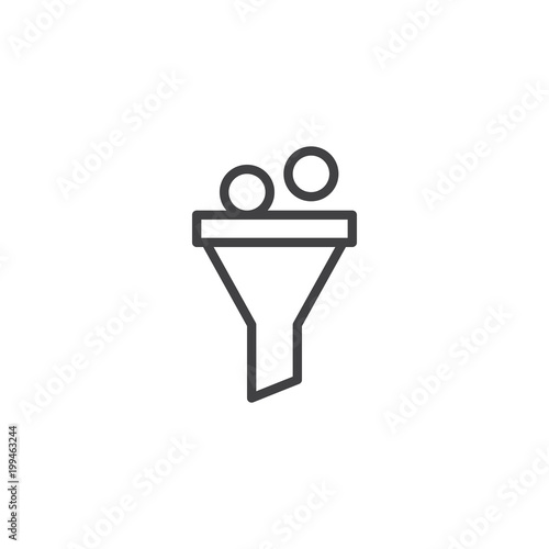 Funnel and coins outline icon. linear style sign for mobile concept and web design. Sales funnel converting simple line vector icon. Symbol, logo illustration. Pixel perfect vector graphics